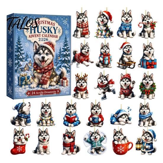 Holiday Countdown Collection Husky Christmas Advent Calendar 2026 with 24 Unique Acrylic Pendants for Tree Decorations, Cute Dog Themed Ornament