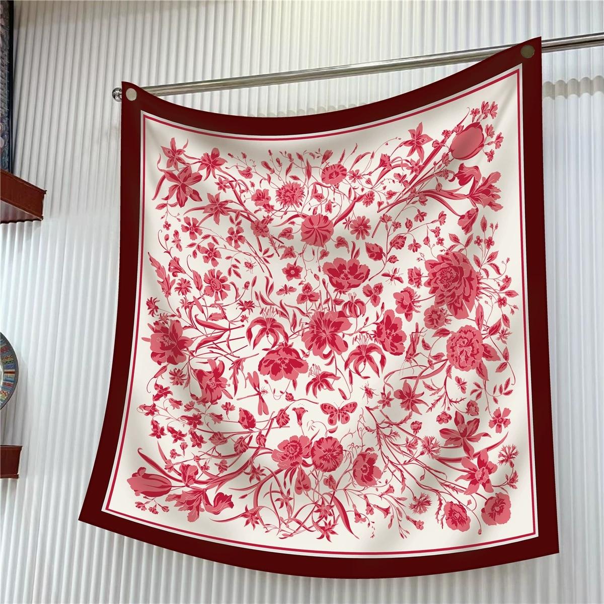 

90cm Korean Style High-quality Twill Silk Rose Flower Printed Square Scarf for Women Elegant Small Floral Scarves 90x90cm