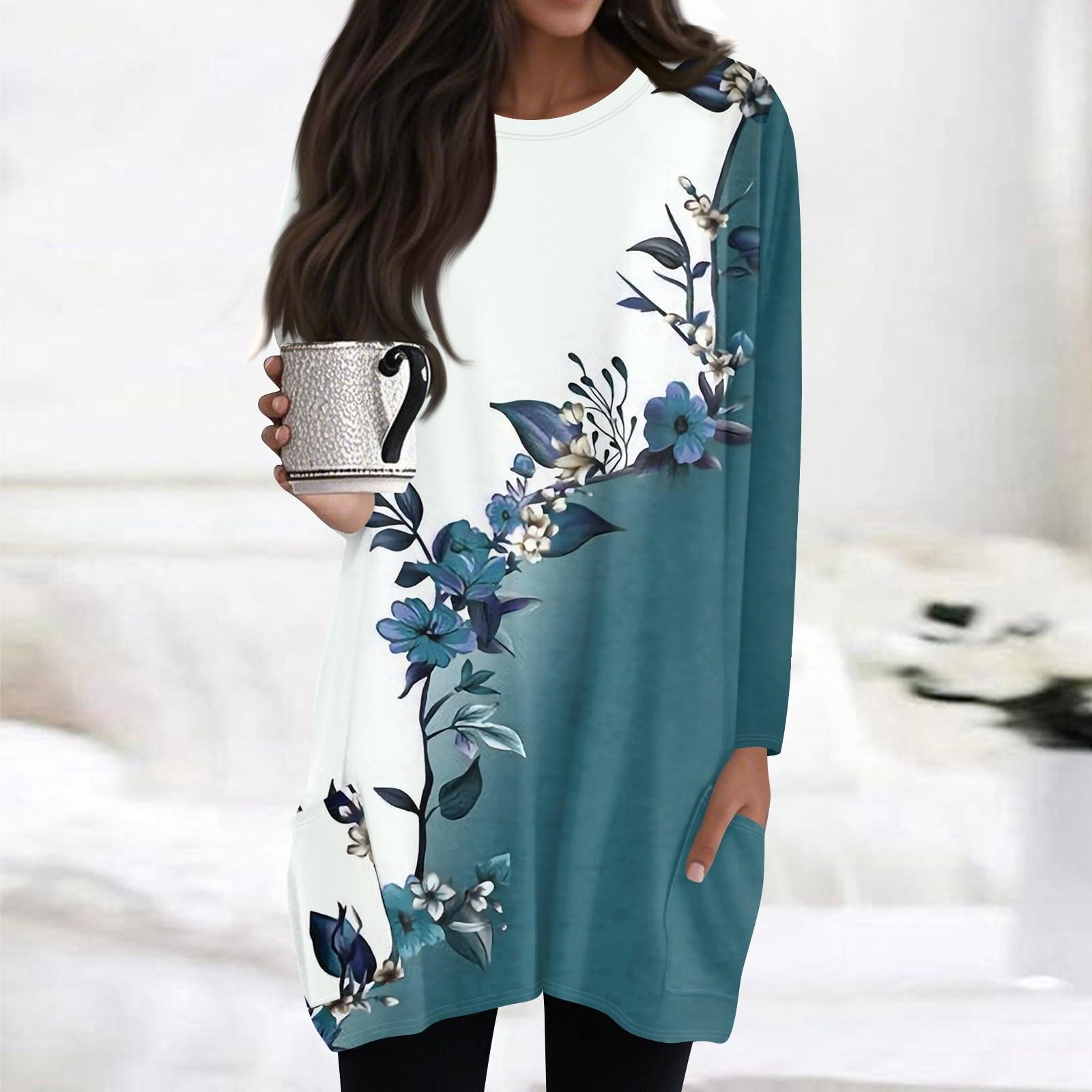 

Женские топы с круглым вырезом, блузки с длинным рукавом, повседневные рубашки средней длины, модные туники с принтом и карманами L синий