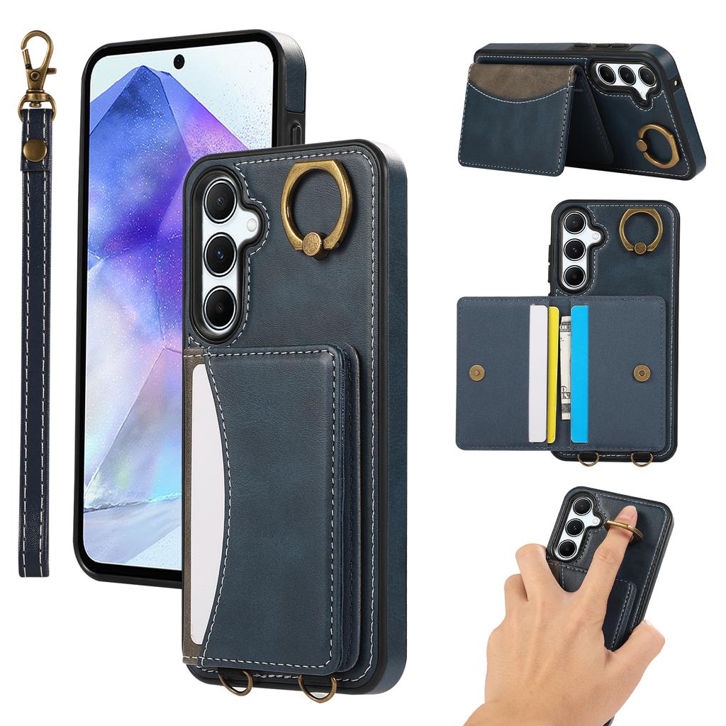 For Samsung Galaxy A54 5G PU Leather Back Case Card Holder Kickstand Phone Cover with Wrist Strap
