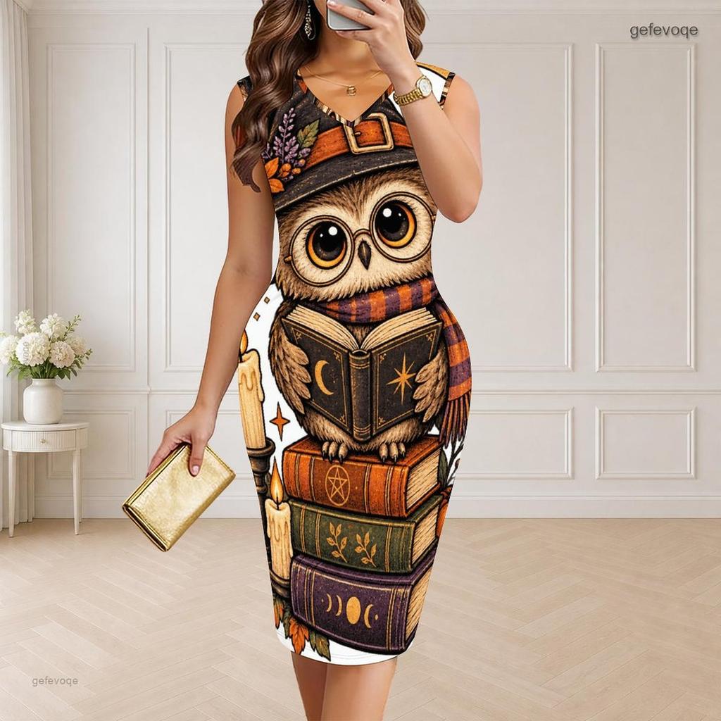 Women Plus Size V Neck Sleeveless Halloween Raccoon Print Bodycon Midi Dress