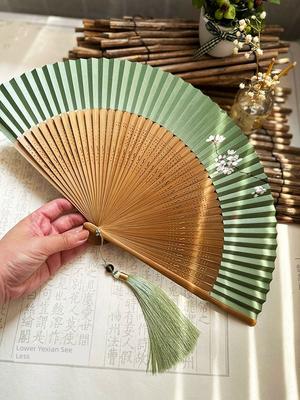 Qimo Originální Elegantní Čínský Styl Oboustranný Vějíř Papírový Vějíř Starobylý Styl Skládací Vějíř Cheongsam Vějíř pro Každodenní Použití Dámský Vějíř Travně Zelený