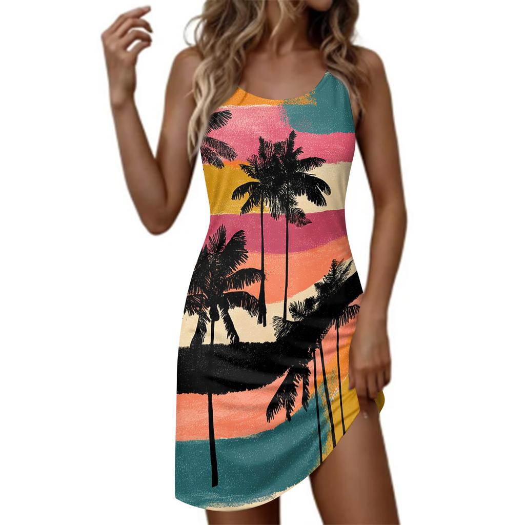 Women's Fashionable Casual Hawaiian Print Round Neck Sleeveless Dress