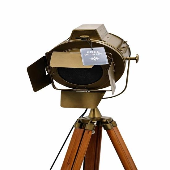 Brass Tripod Floor Lamp, Studio Spotlight Lamp, Wooden Searchlight, Industrial Nautical Decor