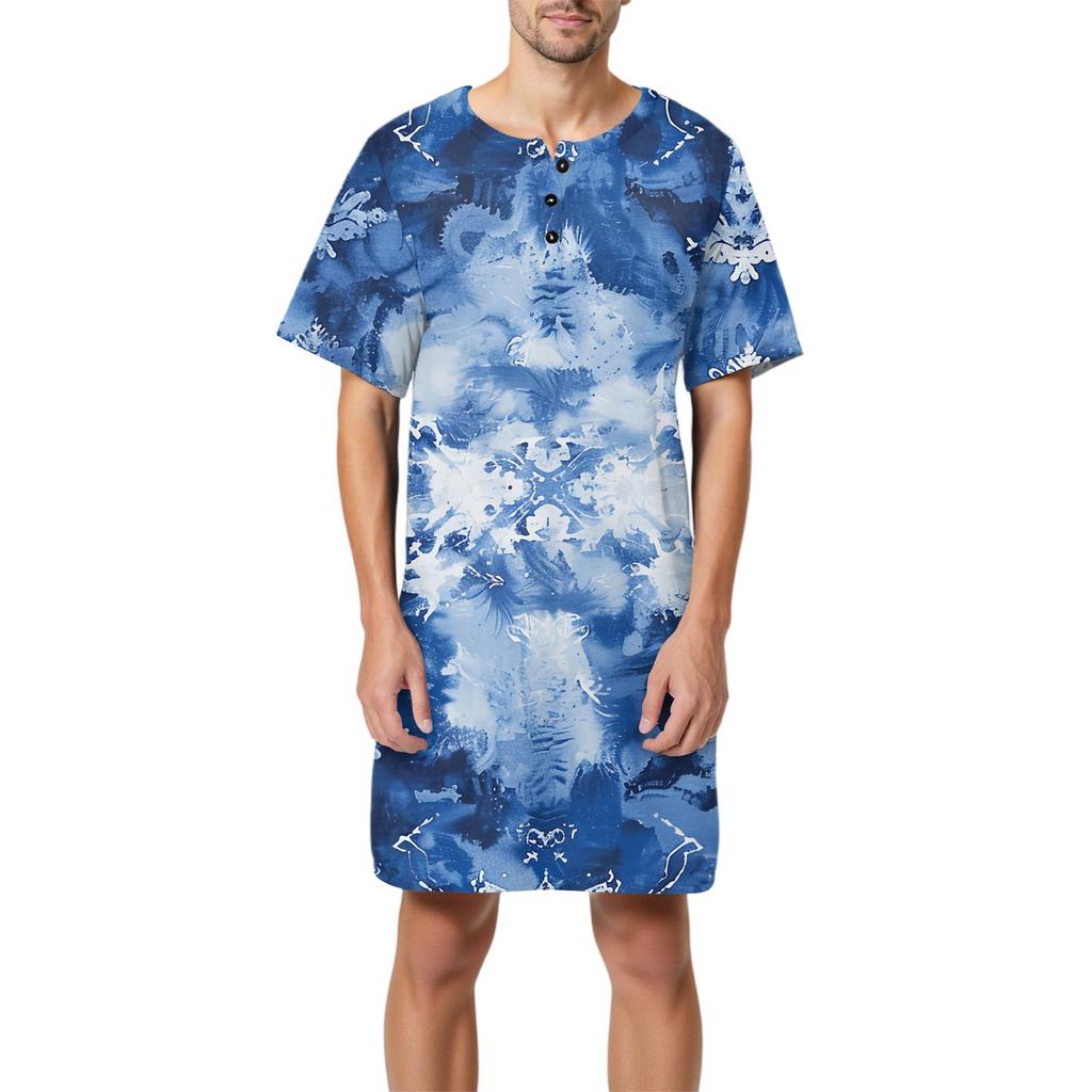 Ανδρικές πιτζάμες μόδας από βαμβάκι με κοντό μανίκι και γιακά με κουμπιά, μακριά, χαλαρά ρούχα για το σπίτι