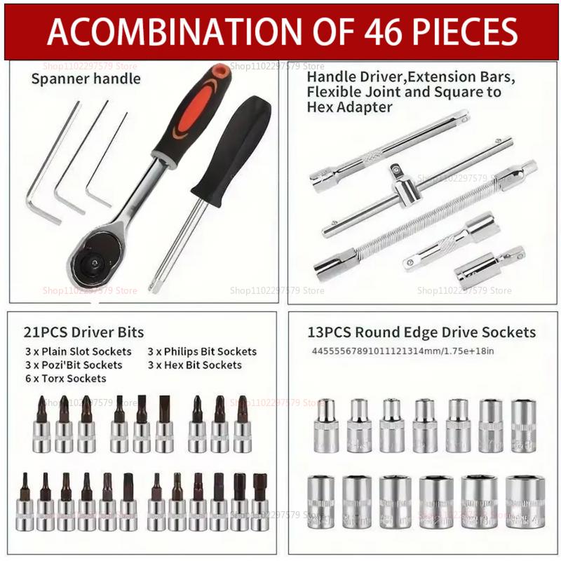 46 Piece Car Repair Tool Set Professional Motorcycle Toolbox Ratchet Wrench Socket Combination Sleeve Auto Maintenance Kit
