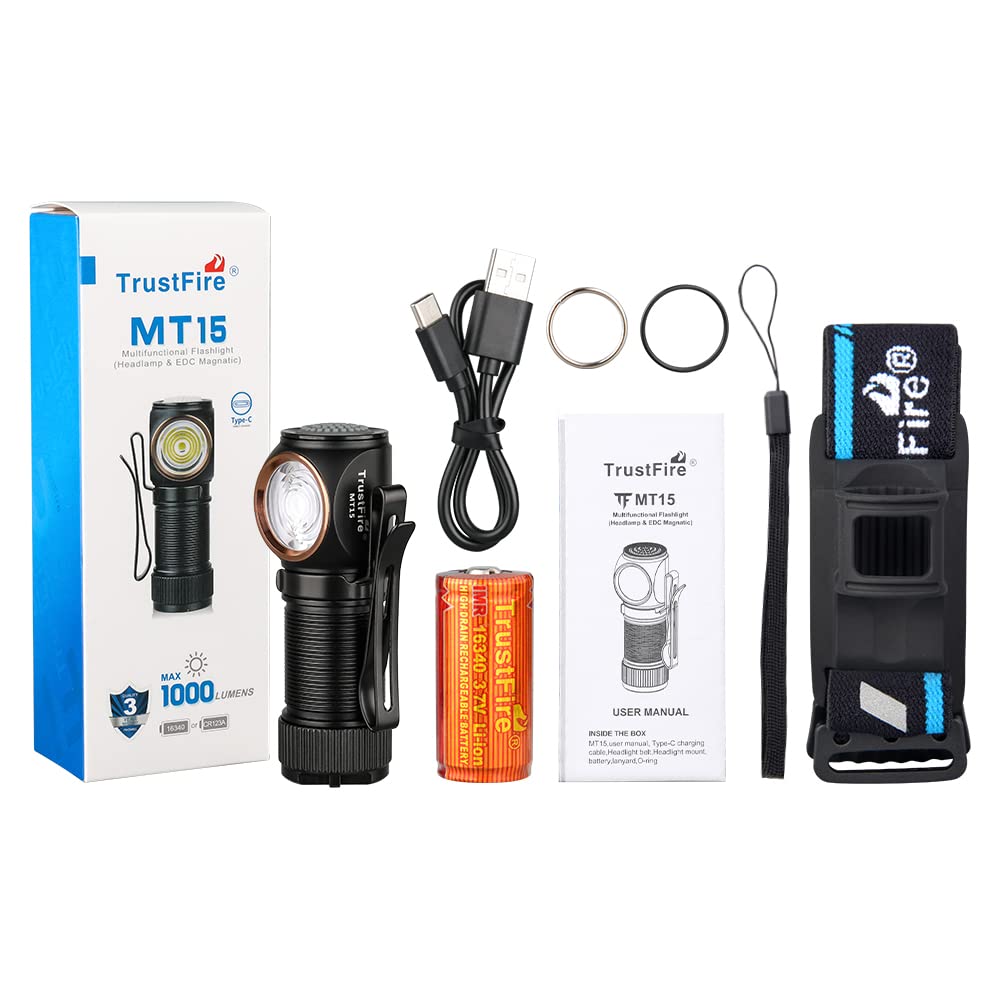 TrustFire MT15 Rechargeable and LED Bright 1000 5 Lighting Adjustable IPX8 USB SOS Ideal for Night Disaster and Headlight, Flashlight, Headlamp,