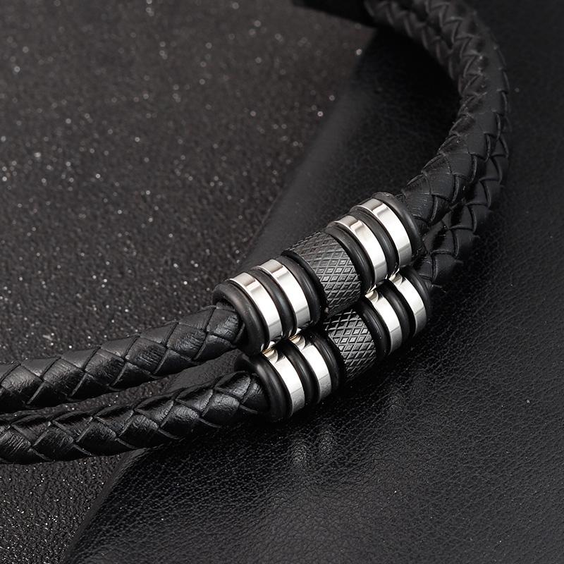 Stainless Steel Accessories Multi-layer Hip Hop Rock Style Black Color Men's Leather Bracelet New Year Gift