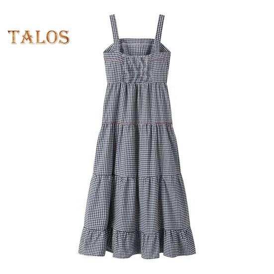 Sommerkleid für Damen, Hummer-Stickerei, ärmellos, kariert, quadratischer Ausschnitt, A-Linie, lockerer Saum, Patchwork, atmungsaktiv, weich, Urlaub, Strand, Midikleid