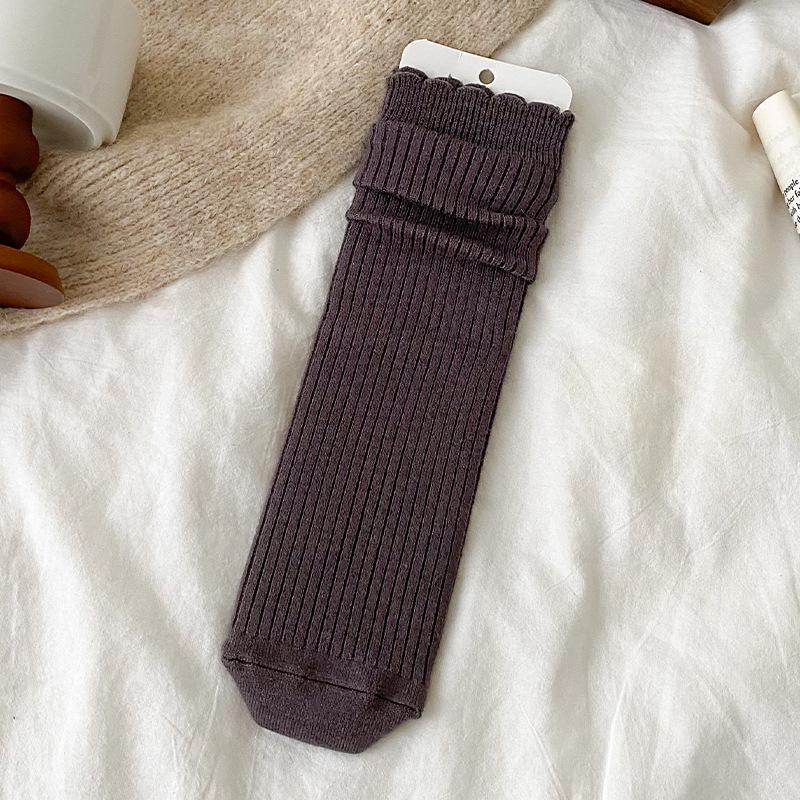 Female Autumn and Winter Warm Lace Straight Board Solid Color Thin Tube Stack Socks