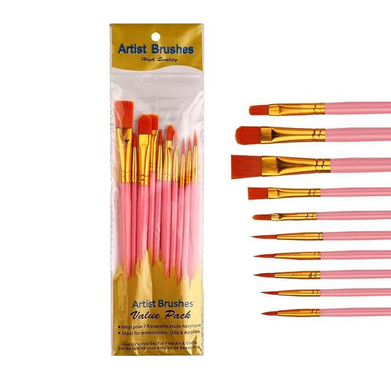 10-Piece Nylon Hair Paint Brush Set with Pearlescent Handles for Oil, Acrylic, Watercolor, and Gouache