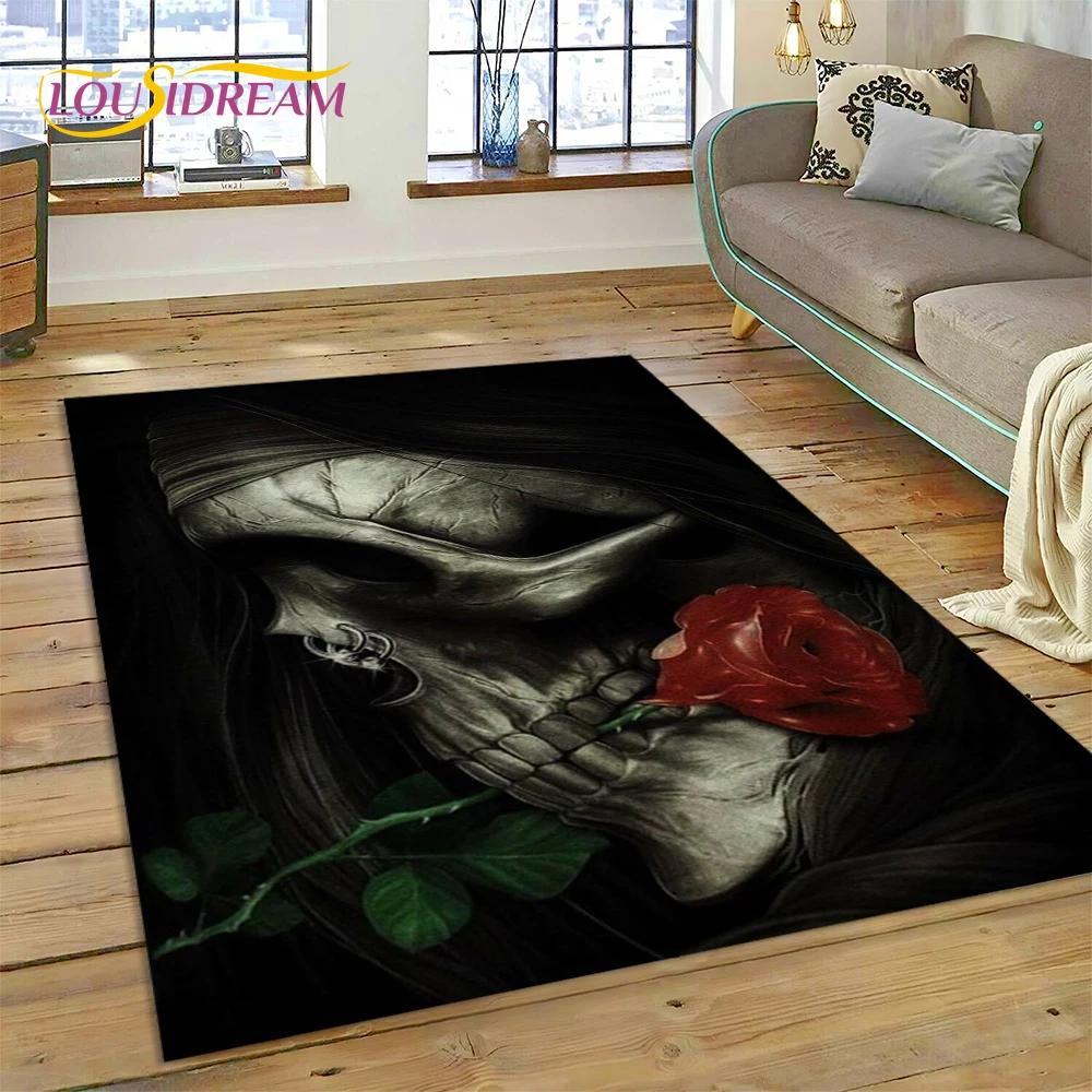 Skull Dead Girl 3D Gothic Horror Female Rose Rug Carpet for Living Room Bedroom Decor,Non-slip Decoration for Sofa Doormat Gift