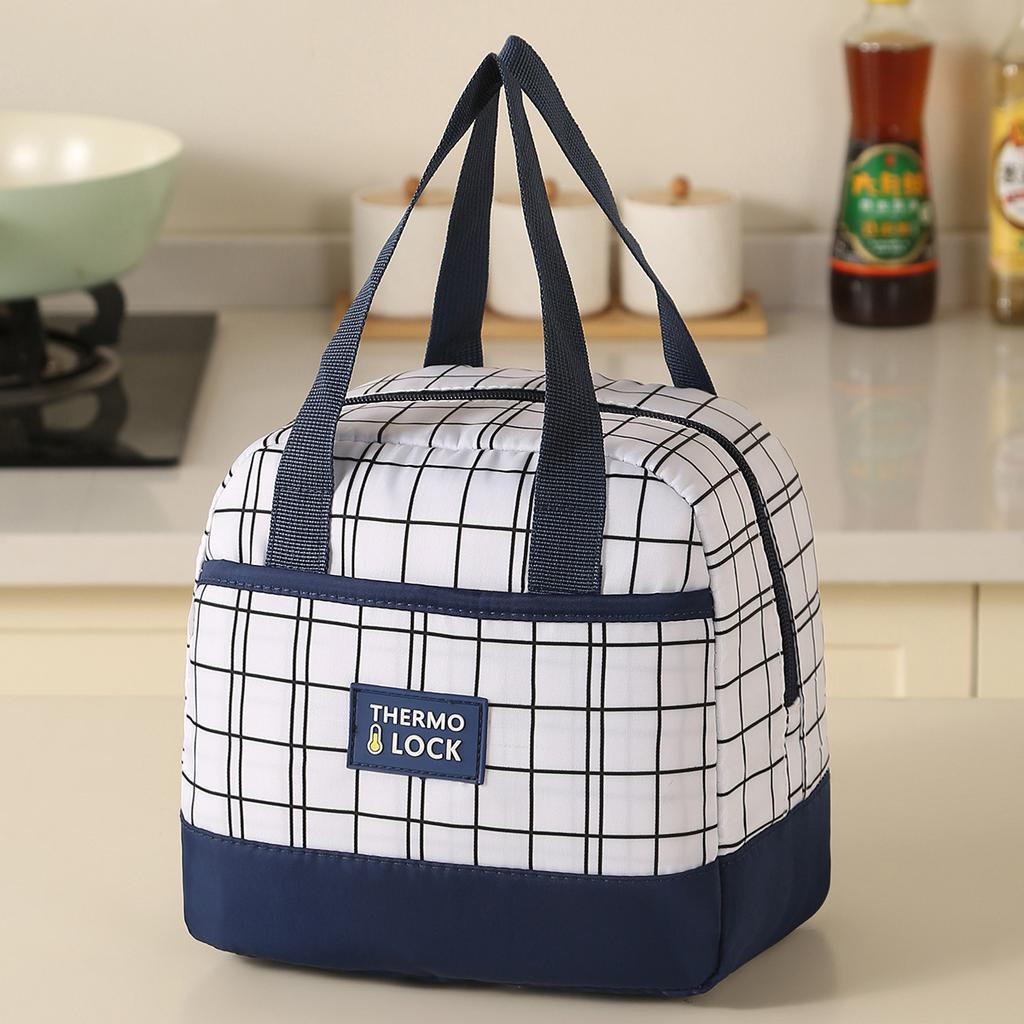 Insulated Lunch Tote Bag Oxford Fabric Grid Pattern Durable Handheld Lunch Bag with Zipper Closure and Front Pocket for Work School Travel