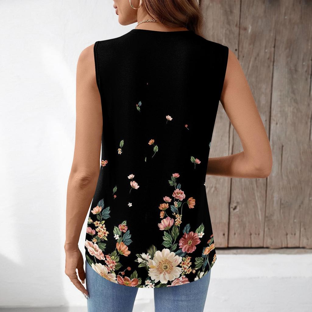 Women’s Loose Fit V Neck Pleated Floral Sleeveless Tank Top Casual Lightweight Printed Blouse for Summer Daily Wear