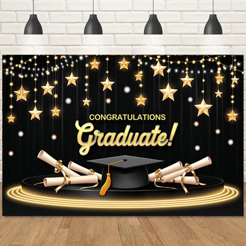 Studentfest Banner med Studentmössa&Examensbevis&Stjärna Design, Bakgrund för Hemträdgårdsfiranden, Studentfest Dekoration