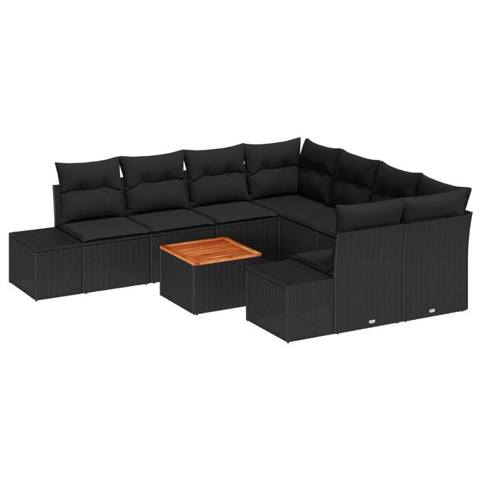 VidaXL Ensemble de canapé de jardin 9 pièces avec coussins en poly rattan noir et acacia 3347940