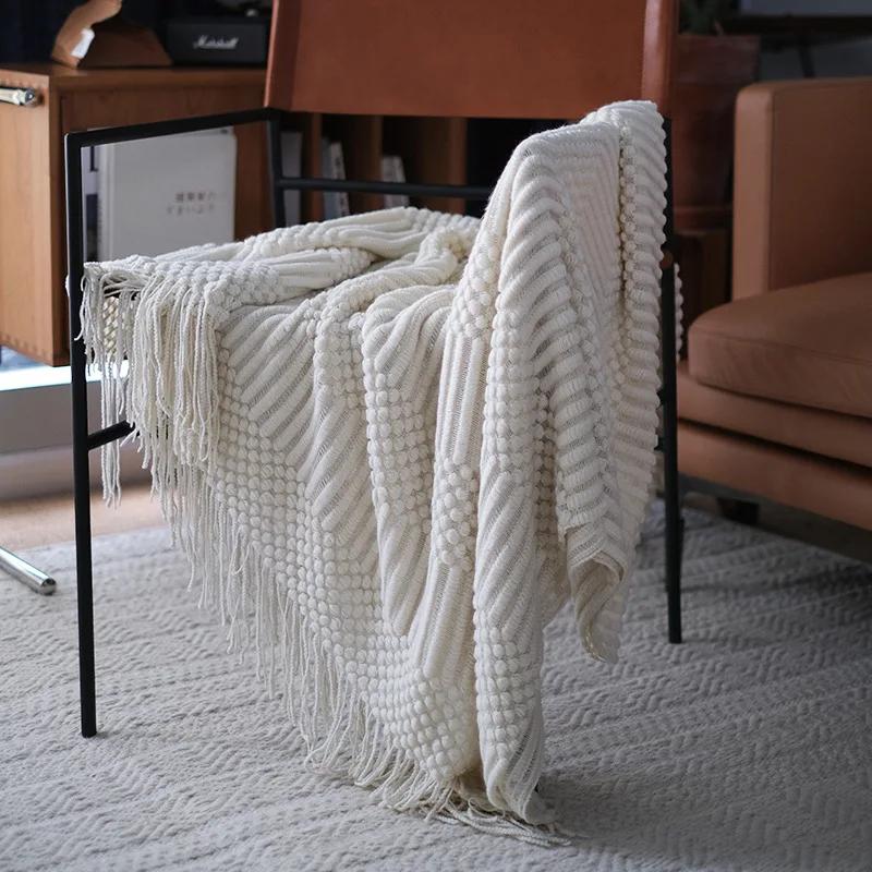 Nordic Knitted Throw Blanket - Grey & Khaki Sofa Blanket with Tassels, 110x160/200cm, Air Condition & Travel Blanket