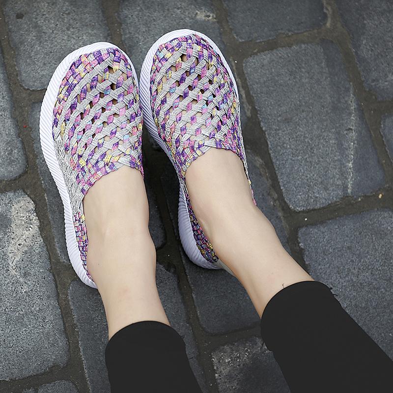 Summer Moccasin Pink Beach Walking Shoes Women Multicolor Casual Weave Soft Slip on Braided Flats Sneakers Plus Size