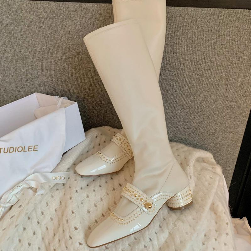 Temperament Small Square Head Rivet One Word Knight Boots Thick Heel Skinny Ankle Boots Long Boots Women