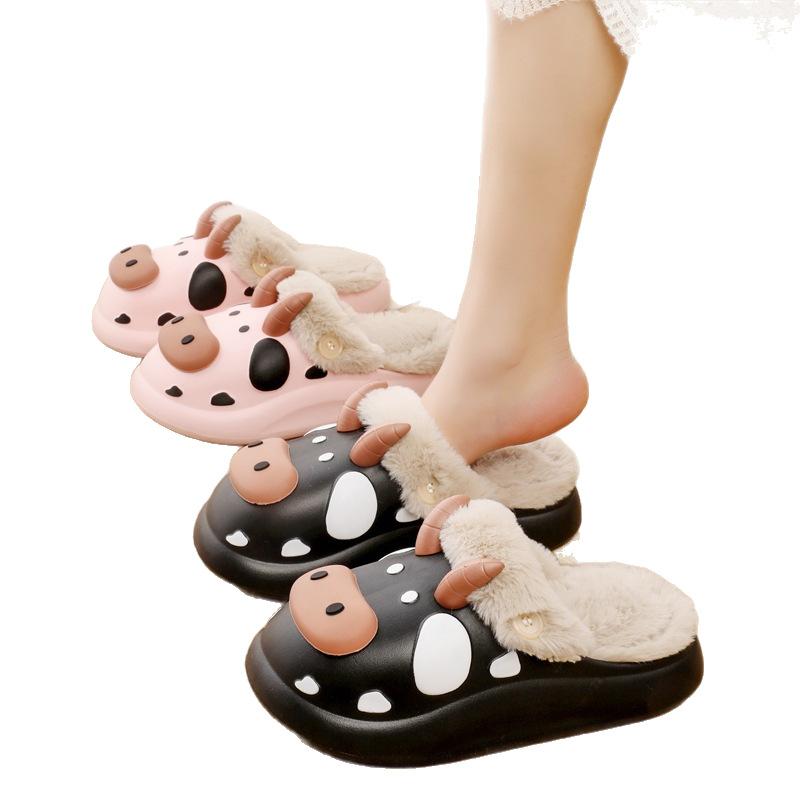 Cartoon Cotton Slippers for Women with Fleece Anti-slip and Warm Home Shoes