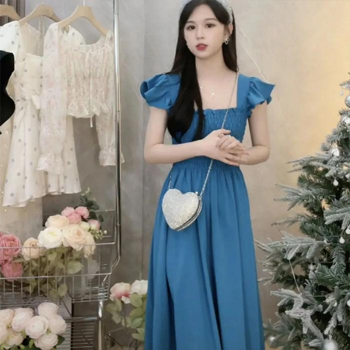 

Summer Hepburn style new French temperament small flying sleeves pleated square neck brown medium and long dress waist dress S синий