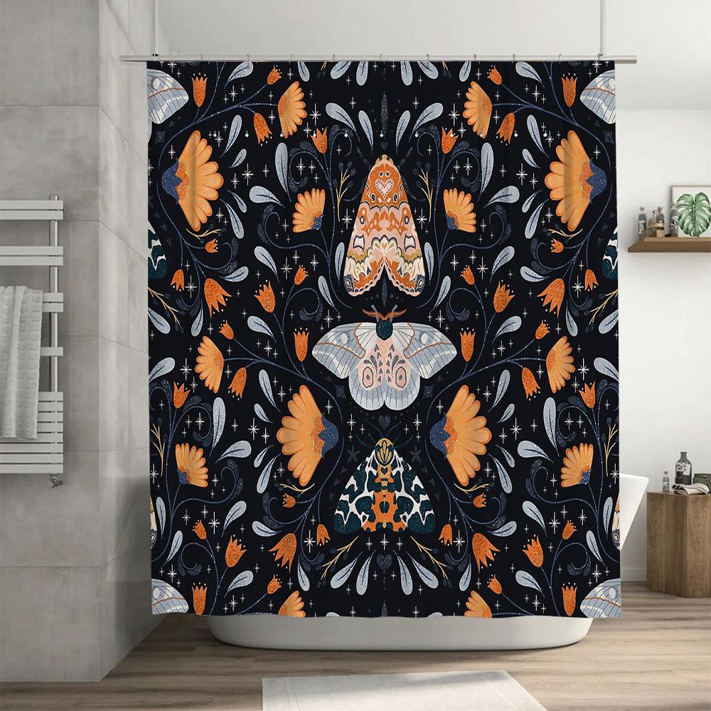 Moth Shower Curtain Botanical Forest Nature Decor Vintage Floral Bathroom Set Dark Academia Aesthetic Home Decor