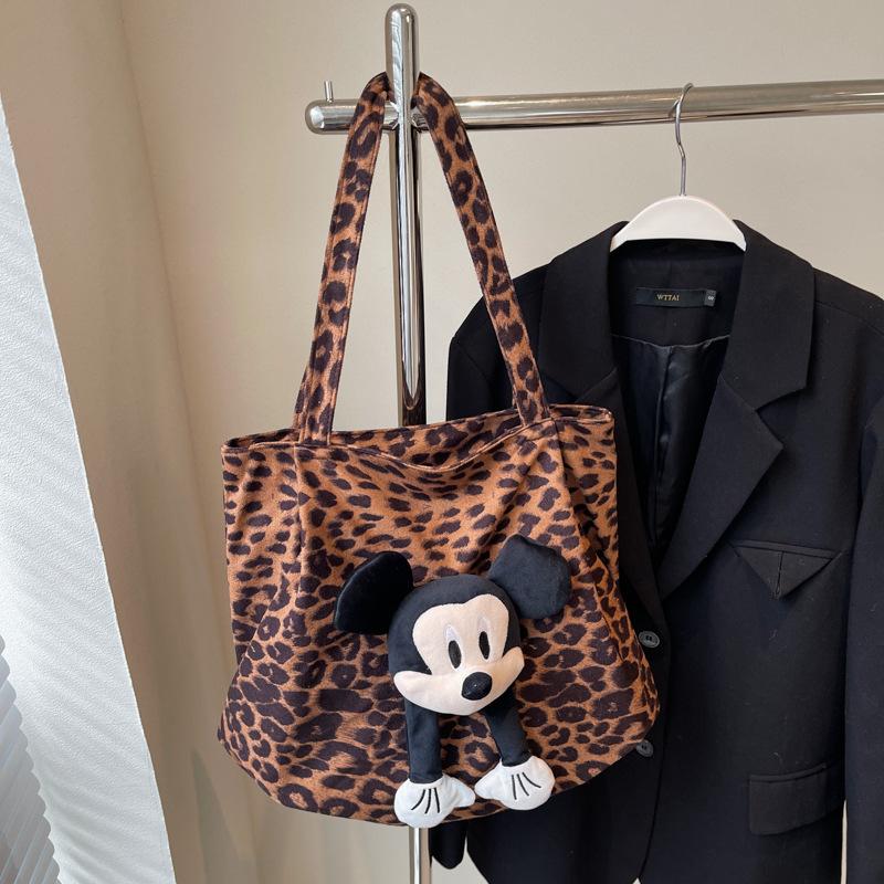 Niche Design Leopard Print Casual Fashion Bag Women's New Mickey Doll Tote Bag Large Capacity Lightweight Shopping Bag