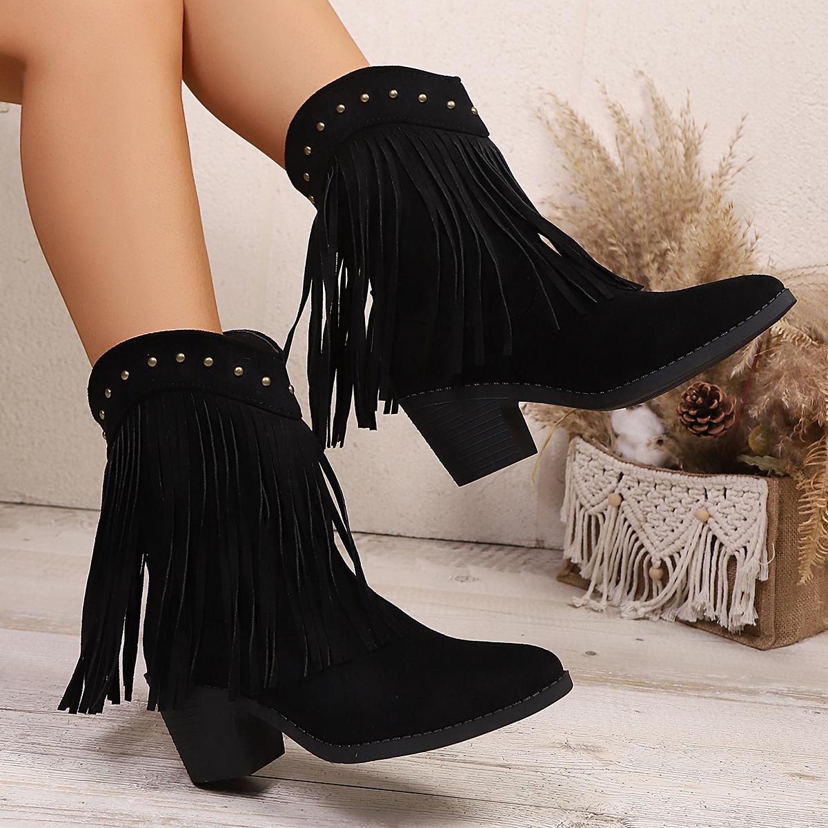 

Vintage Tassel Detor Ankle Boots Women Spring Autumn Pointed Toe Square Heel Boots Woman Fashion Slip On Plus Size Booties Lady 36
