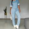 Women's Black White Stripe Short Sleeve Tracksuit Set Casual Loose Fit Top and Pants