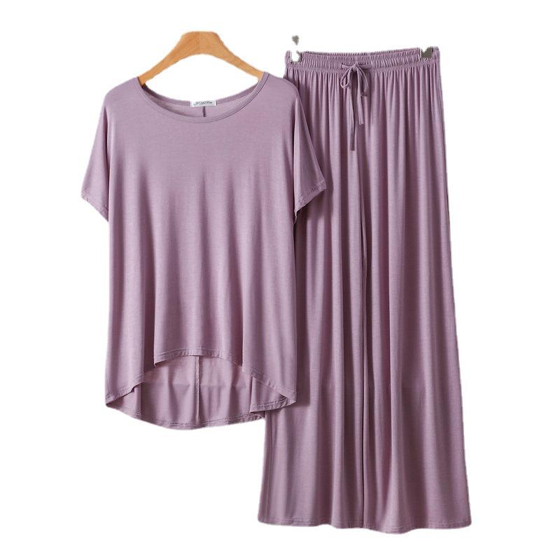Damen Übergröße Freizeit-Pyjama-Set: Modal Rundhals Kurzarm Oberteil & Weitbeinige Hose