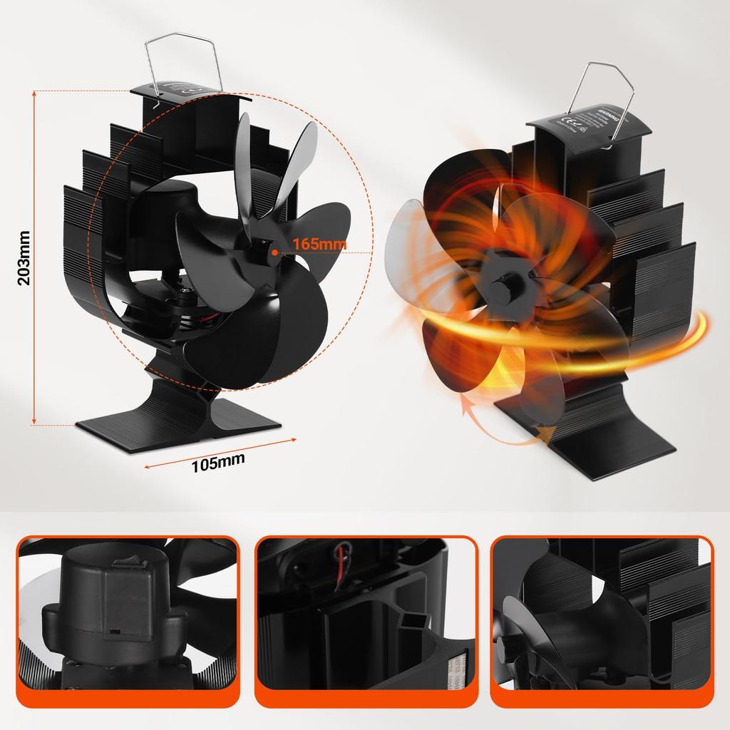Aluminum Stove Fan, Fireplace Fan with Overheat Protection, Quiet Operation, for Wood Stoves, Eco-Fan, No Power Required, Temperature Sensing, Air Cir