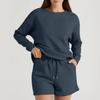 Women's Solid Color Textured Casual Set Long Sleeve Shorts Drawstring Two-Piece Set