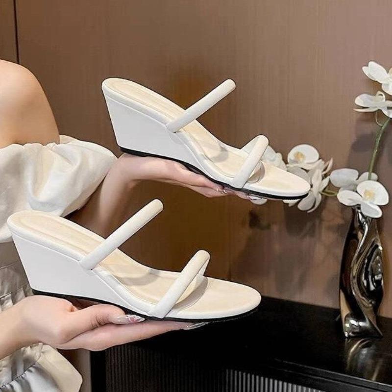 Summer Simple Strap Sandals Women Summer Outside Wear Fashion Round Toe Open Toe Slender Strap Wedge Heel Shoes