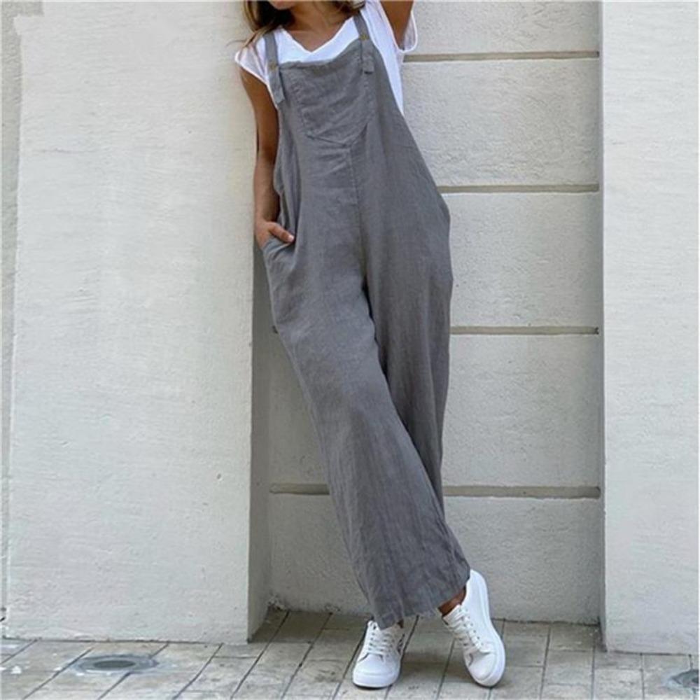 Sommer-Overall für Damen, einfarbig, lässig, lange Hose, Taschen, Knopfleiste, breiter Beingurt, Overall, lockerer Strampler
