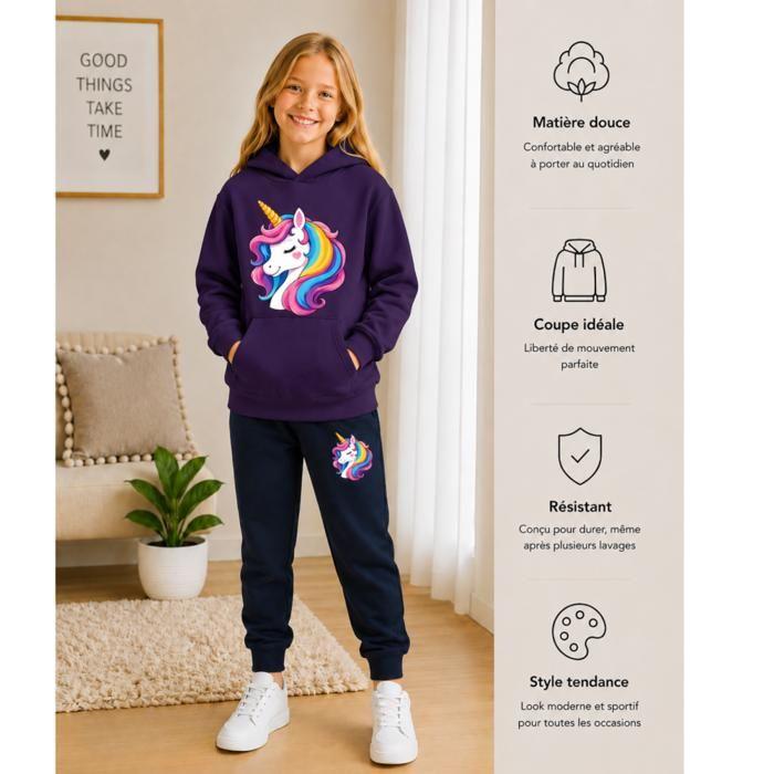 Jogging Enfant fille - Sweat à Capuche et Pantalon Bleu Marine - Motif Licorne Arc-en-ciel - Violet