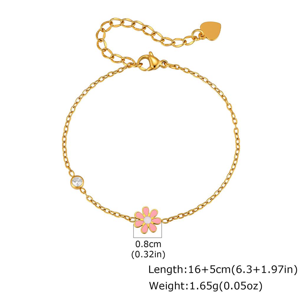 Minimalist Enamel Daisy Flower Bracelet, 18K Gold Plated Stainless Steel, Waterproof Dainty CZ Charm Jewelry Gift