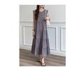 Patchwork Solid Color Long Skirt Sleeveless Commuter Crew Neck Dress