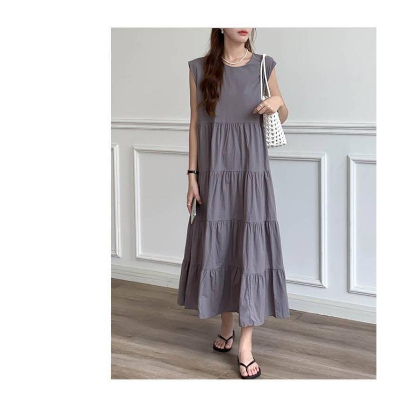 Patchwork Solid Color Long Skirt Sleeveless Commuter Crew Neck Dress