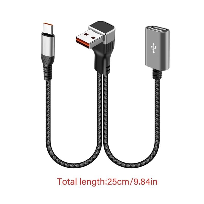 Nylon Braided USB Extension Cord USB to Type c USB Splitter 66W Power Delivery 90Degree Bend Design for Compactly Space