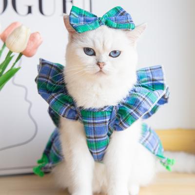 Pet Autumn/Winter Christmas Dress Dog Checkered Bow Pet Christmas Dress Cat Clothing for Small Dogs Puppy Clothes