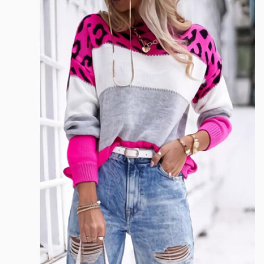 Animal Print Color Block Crewneck Casual Knit Sweater Women's Fall Winter New Arrivals Long Sleeve Base Layer