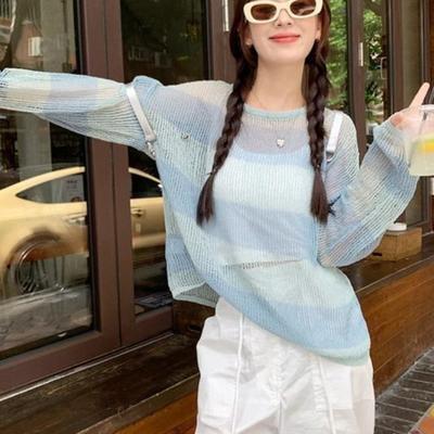 Top Spicy Girl Ausgehöhlter Gestreifter Sonnenschutz Eis Seide Gestrickter Pullover Damen Frühling und Sommer Überwurf Dünne Version