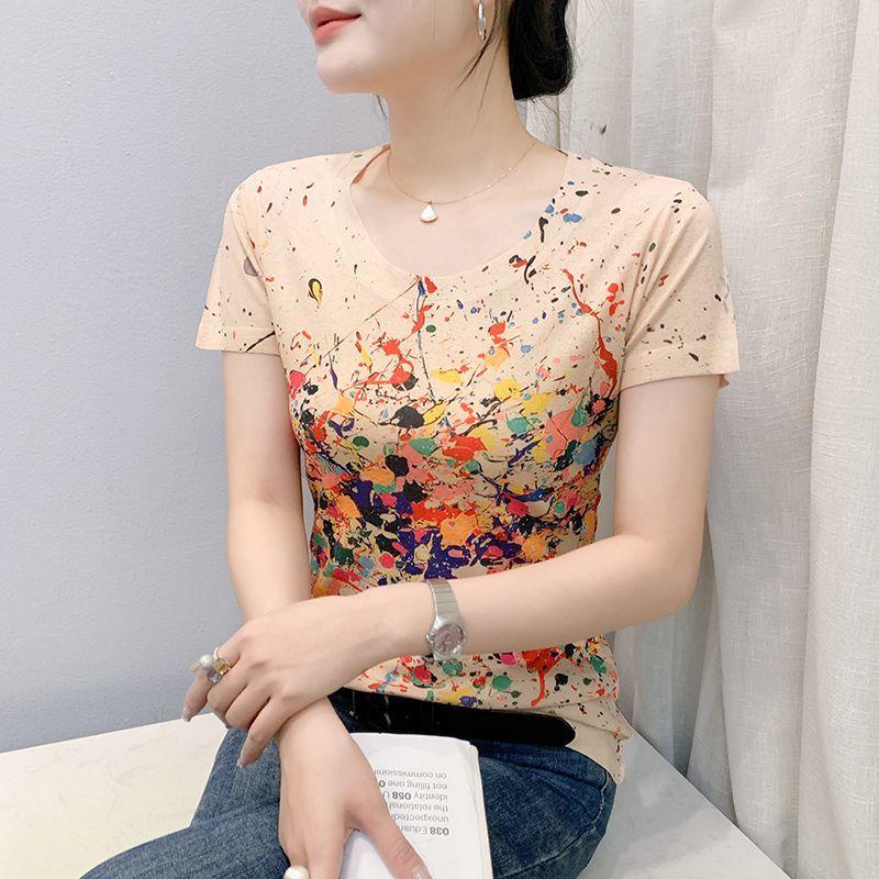 Letni Nowy Modny T-shirt z Okrągłym Dekoltem i Nadrukiem z Krótkim Rękawem dla Kobiet, Odmładzający i Stylowy Dopasowany Top