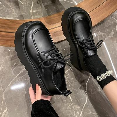 Fashion JK Uniform Shoes Women New Black Small Leather Shoes Platform Loafers Girls' Japanese Style College Style Lace Up Oxford Shoes