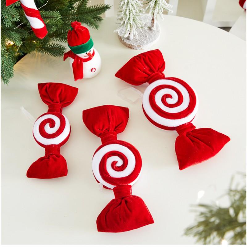 Christmas Tree Decorations Red Flocked Candy Ornament Hanging Decoration Holiday Party Scene Setup