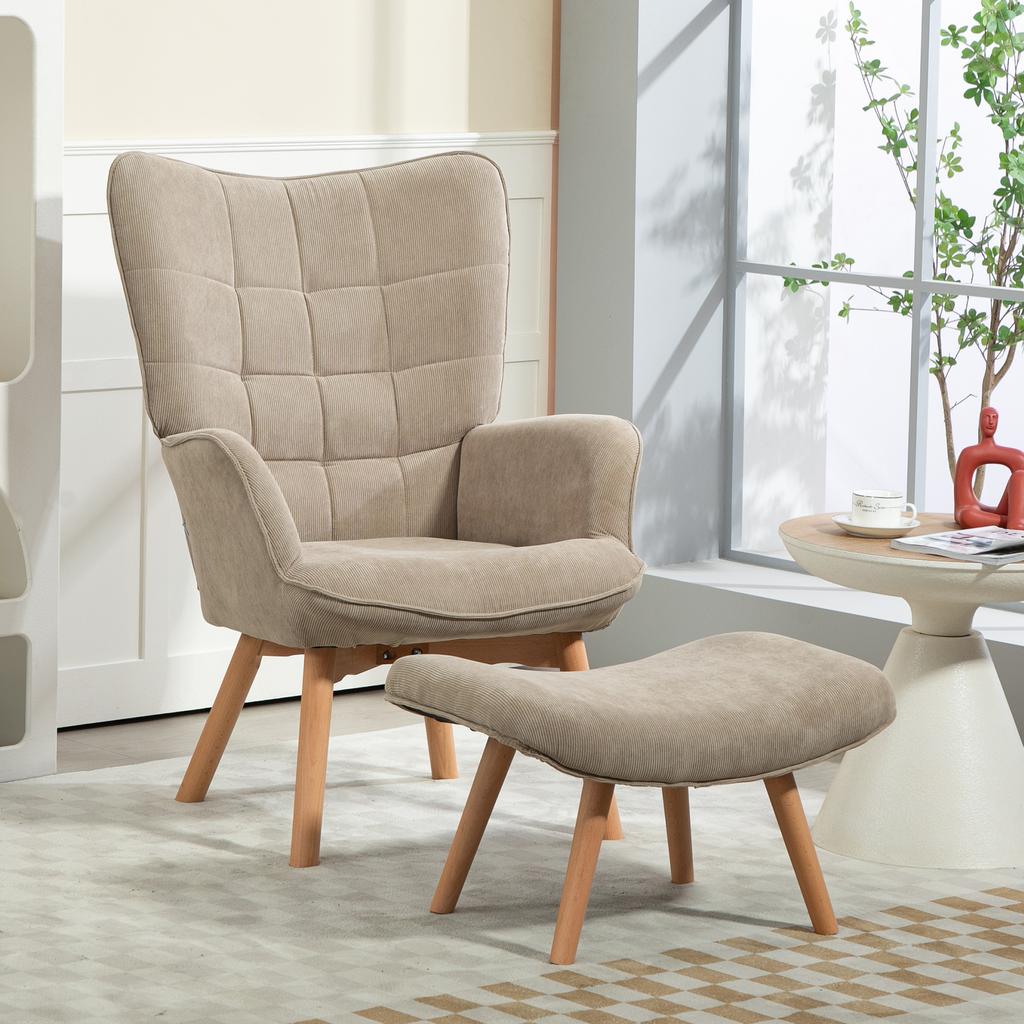 Accent Chair with Stool, Recliner In Corduroy Look, Armchair with Wooden Legs, for Living Room, Light Brown