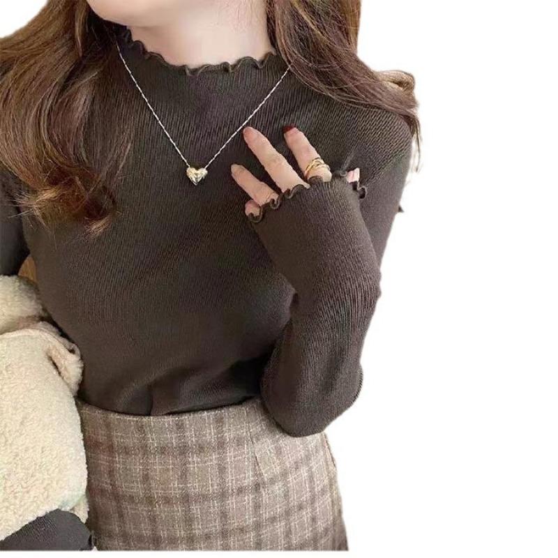 Women's Bottoming Shirt with Autumn and Winter Style New Style Half Turtleneck Sweater Knitted Top with Fungus Edge