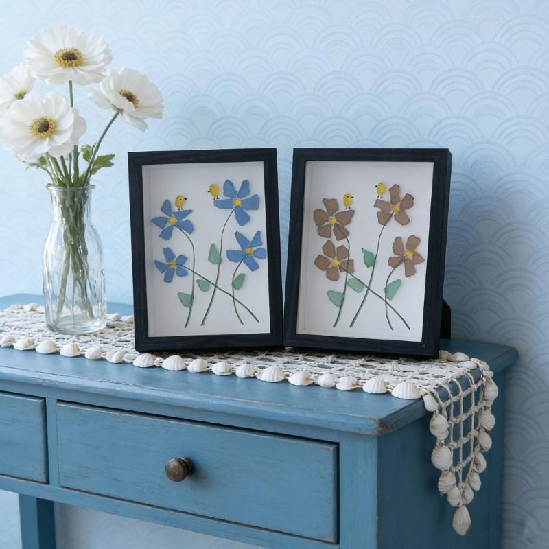 Handmade Sea Glass Art Frame Table Decors Forget Me Not Flower Birds Sea Glass Table Art Decors Gift for Friend