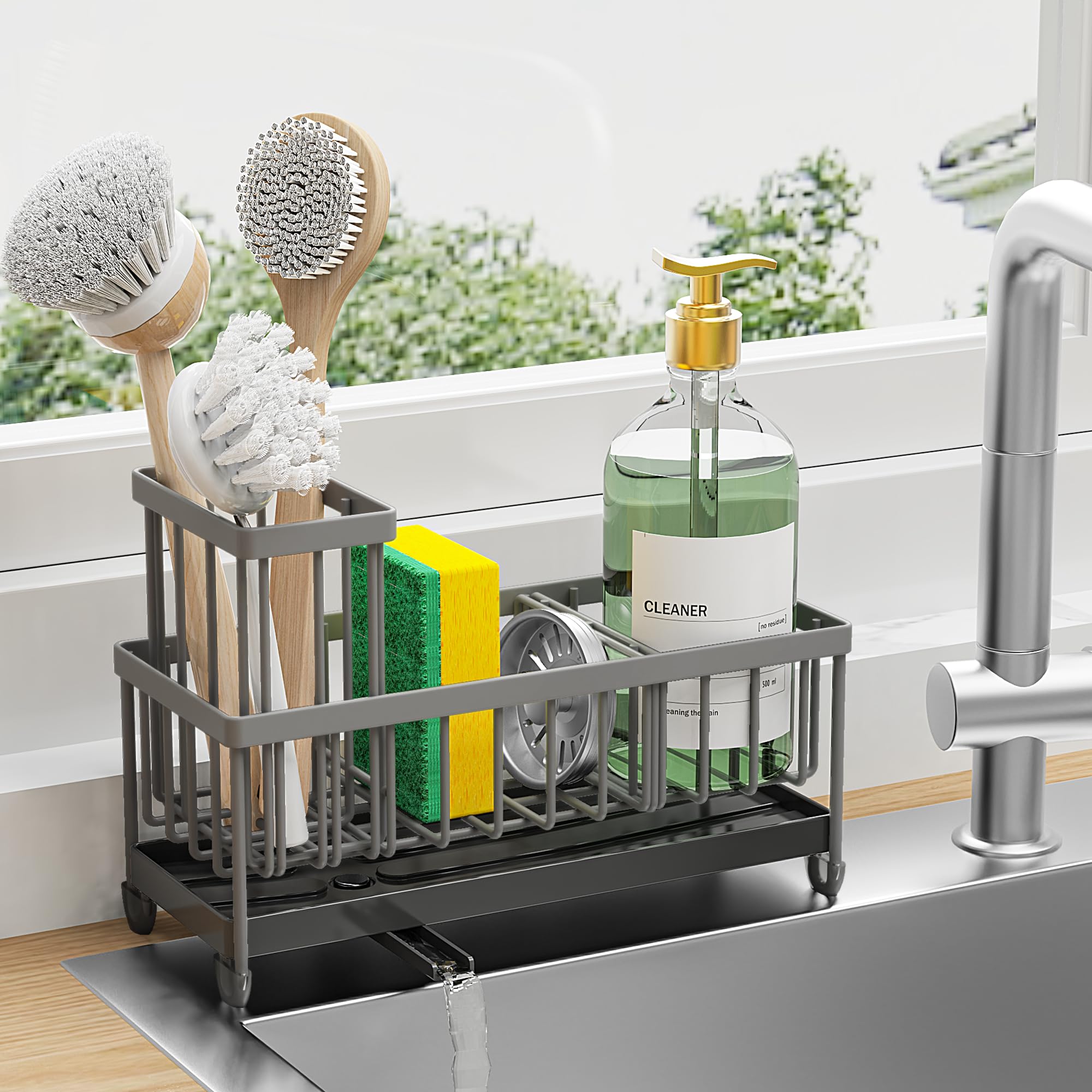 

Sponge Holder for Kitchen Sink, Sink Caddy with High Brush Holder, Kitchen Sink Organizer Countertop ,304 Stainless Steel сірий