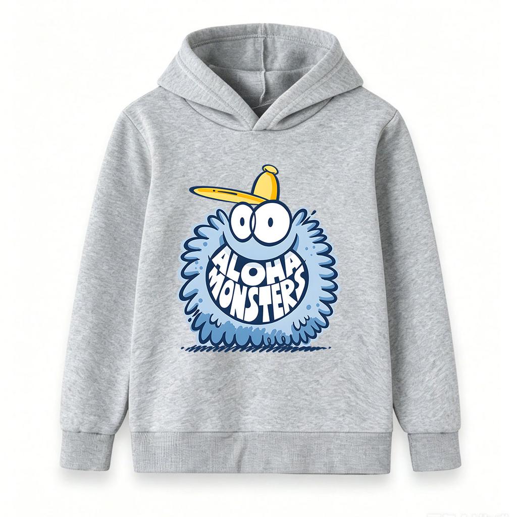 Kids Boys Girls Crewneck Hoodie, Cute Fuzzy Cartoon Monster Aloha Print Casual Long Sleeve Pullover Sweatshirt, Cozy Lightweight Tops For